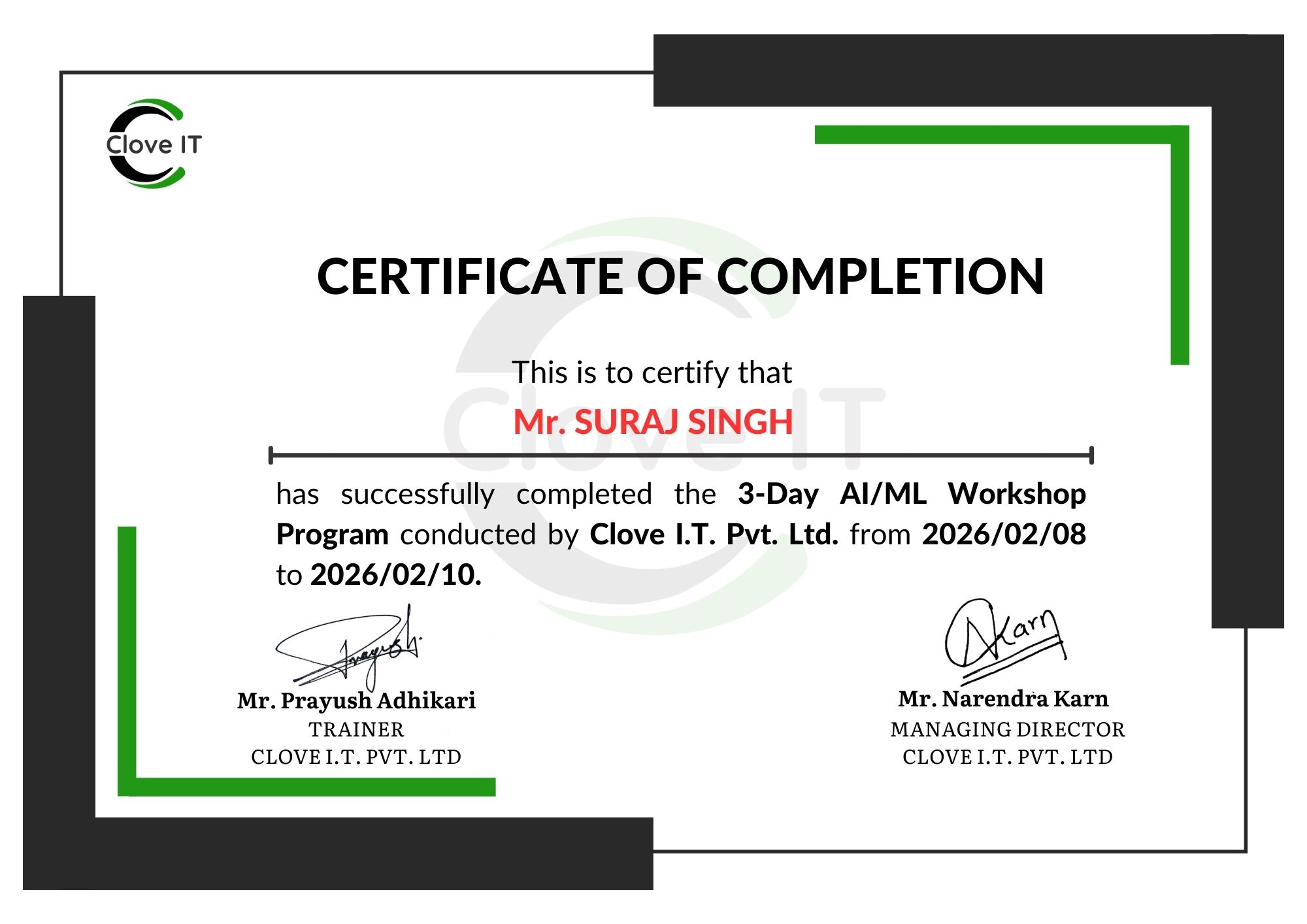 Suraj Singh AI and ML certificate